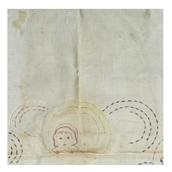 Vintage Hand Embroidered Baby Doll Child Faces & Printed Fabric  56.5 x 33.5 SEE - Picture 4 of 7